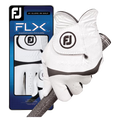 A FootJoy FLX Men's Golf Glove in white grips a club, with its blue and black FootJoy-branded packaging featuring product details visible in the background.