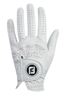 The FootJoy Women's FLX Glove for the right hand features Cabretta leather, small ventilation holes for breathability, a black and white logo patch near the wrist, and an open palm with Velcro closure. Color: White. Brand: FootJoy.