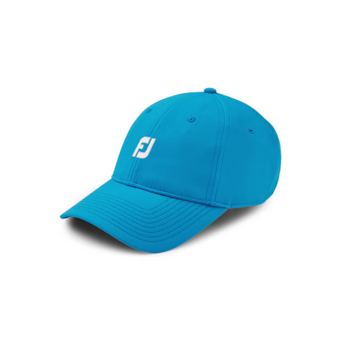 The FootJoy Fashion Cap by FootJoy features a bright blue color, curved brim, white FJ logo on the front, and is made of lightweight, breathable fabric; shown against a white background.