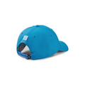 The FootJoy Fashion Cap by FootJoy is a bright blue, lightweight, and breathable golf cap shown from the back with an adjustable strap featuring a blue and white pattern and a square logo patch above it, set on a plain white background.