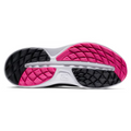 The image shows the sole of a running shoe with a geometric black and bright pink diamond-patterned tread, resembling the stylish grip on FootJoy Flex Women’s Golf Shoes by Footjoy, featuring a white midsole running through the center.
