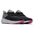The FootJoy Flex Women’s Golf Shoes by Footjoy feature a black design with gray accents, white midsoles, and pink details on the tongue and outsole, creating a stylish and lightweight option shown on a white background.