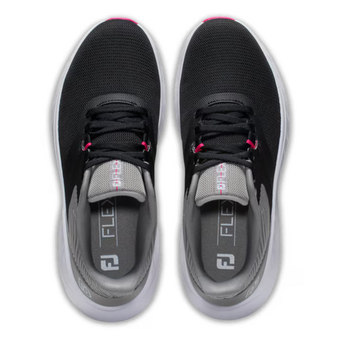 A pair of black FootJoy Flex Women’s Golf Shoes by Footjoy feature white soles, gray tongues, and pink accents. Viewed from above, the insoles read FJ FLEX in white, highlighting these lightweight women’s golf shoes.