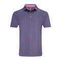 The FootJoy Flying Wasp Men’s Lisle Polo is a lavender short-sleeve golf shirt with a geometric print, pink-accented collar, two-button placket, and moisture-wicking fabric to keep you cool on and off the course.