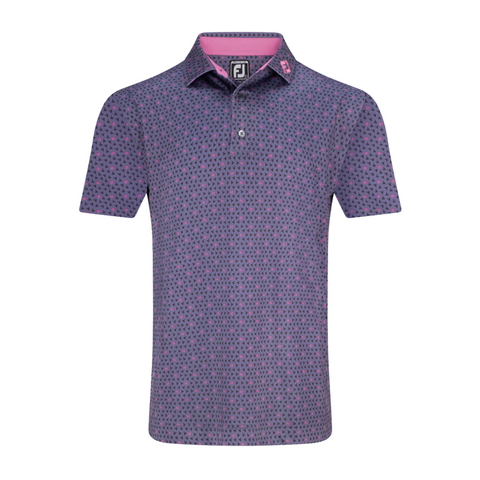 The FootJoy Flying Wasp Men’s Lisle Polo is a lavender short-sleeve golf shirt with a geometric print, pink-accented collar, two-button placket, and moisture-wicking fabric to keep you cool on and off the course.