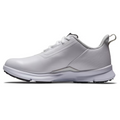 The FootJoy Fuel 25 Women’s Golf Shoe is a white, low-cut, lace-up design with a textured heel and thick sole by FootJoy, shown in a side view on a plain white background.