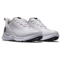 The FootJoy Fuel 25 Women’s Golf Shoes feature a white design with black soles, laces, and accents, FJ branding on the side, a mesh collar, and a spikeless sole for all-day comfort on the course.