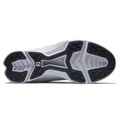 The image features the sole of the FootJoy Fuel 25 Women’s Golf Shoe by FootJoy, showcasing a white and black spikeless design with a textured, patterned tread for grip and an X-shaped detail in the center.