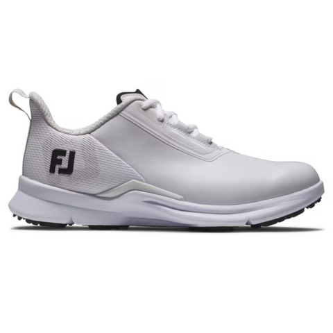 The FootJoy Fuel 25 Women’s Golf Shoes feature a white spikeless design, lace-up closure, textured side panel, black FJ logo near the heel, and a flat rubber sole—perfect for stylish women golfers.