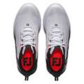 A top view of the FootJoy Fuel 25 Men’s Golf Shoes shows white, spikeless, waterproof athletic shoes with black and red accents, FJ branding on the tongue and heel, white laces, and a modern design from the FootJoy brand.