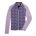 The FootJoy Full-Zip Printed Pullover by FootJoy offers lightweight comfort with lavender sleeves, a black, white, and purple diagonal-print front, full zipper, and FJ collar logo—ideal style for every round.