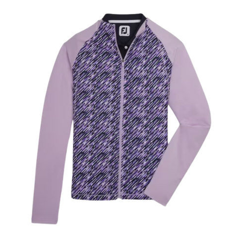 The FootJoy Full-Zip Printed Pullover by FootJoy offers lightweight comfort with lavender sleeves, a black, white, and purple diagonal-print front, full zipper, and FJ collar logo—ideal style for every round.