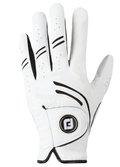 The FootJoy GTxtreme Men's Golf Glove in white features black accents, ventilation holes, a circular F logo on the wrist strap, and a high-tech grip design. Durable and shown palm down, this is a premium glove by FootJoy.
