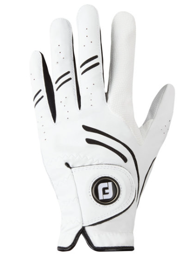The FootJoy GTxtreme Men's Golf Glove in white features black accents, ventilation holes, a circular F logo on the wrist strap, and a high-tech grip design. Durable and shown palm down, this is a premium glove by FootJoy.