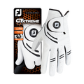 A pair of FootJoy GTxtreme Men's Golf Gloves in white with black accents is shown next to its branded packaging, featuring a high-tech grip for lasting performance.