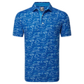 The FootJoy Golf Course Doodle Mens Polo is a blue, short-sleeve golf shirt with a buttoned collar, white abstract course-inspired pattern, and a small FJ logo at the top of the placket.