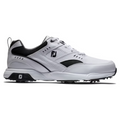 The FootJoy Golf Specialty Mens Shoes feature a white design with black accents, textured spiked sole for grip, lace-up closure, and FJ logo on the side and sole—ideal all-weather golf shoes shown in side profile.