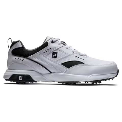 The FootJoy Golf Specialty Mens Shoes feature a white design with black accents, textured spiked sole for grip, lace-up closure, and FJ logo on the side and sole—ideal all-weather golf shoes shown in side profile.