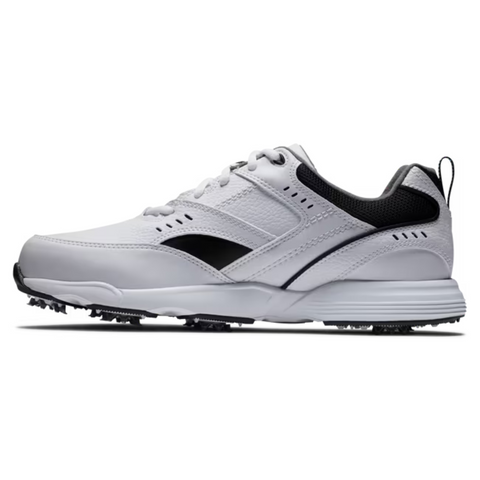 The FootJoy Golf Specialty Men's Shoes in White/Black feature a low-profile, lace-up design with black accents, textured sole, and heel pull tab—ideal for stylish functionality on or off the course.