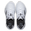 Top view of FootJoy Golf Specialty Men's Shoes in white with black accents, black and gray insoles featuring a stylized "F" logo, white laces, and textured toe areas by FootJoy on a white background.
