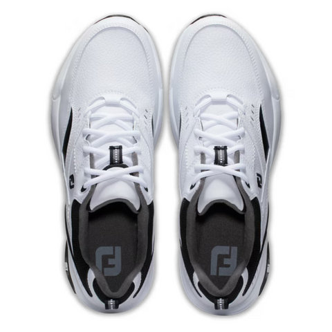 Top view of FootJoy Golf Specialty Men's Shoes in white with black accents, black and gray insoles featuring a stylized "F" logo, white laces, and textured toe areas by FootJoy on a white background.