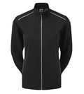 The FootJoy Women's Hydrolite V2 Rain Jacket in black features a stand-up collar, thin white shoulder lines, long sleeves, and a sleek waterproof design—ideal for keeping dry and stylish on the course.