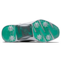 The image displays the sole of the FootJoy Hyperflex Womens Golf Shoes, featuring a green and white design, six clear cleats, angular traction patterns, and a lightweight build for enhanced performance.