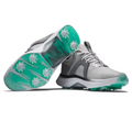 A pair of FootJoy Hyperflex Womens Golf Shoes in gray and white with teal spiked soles; one shoe displays the sole while the other stands upright, emphasizing the breathable mesh upper, laces, and lightweight design.