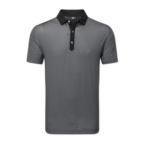 The FootJoy Men's Checker Print Lisle Polo in Black/Grey features short sleeves, lightweight Lisle fabric, a subtle gray checkered pattern, black collar, and three-button placket. Displayed on a white background.