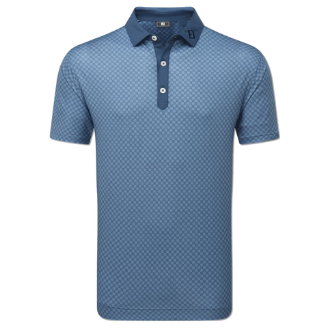 The FootJoy Men's Checker Print Lisle Polo in Dark Denim/White features short sleeves, a subtle geometric pattern, three white placket buttons, and a collar FJ logo—crafted for moisture-wicking performance and all-day comfort.