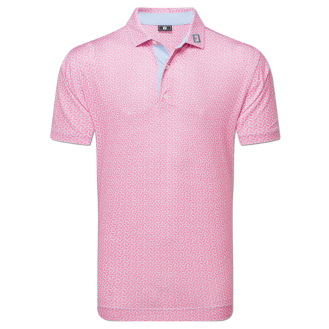 The FootJoy Men’s Citrus Print Lisle Polo in Lemonade/Skyway is a short-sleeved, button-up golf shirt with a collar and light blue inner placket, crafted from ProDry Performance Fabric for comfort.