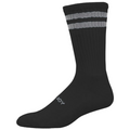 A single black FootJoy Men's ComfortSof Crew Sock with two gray stripes near the top, ribbed texture, and cushioned support. "JOY" appears in gray near the toe.