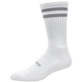 The FootJoy Men's ComfortSof Crew Sock is white with two gray stripes near the top, ribbed texture, and cushioned support. "FootJoy" is printed near the toe. Shown on a plain white background.