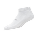 A pair of plain white FootJoy Mens ComfortSof Sport Socks with ribbed cuffs and the brand name FootJoy in small black letters on the side. These moisture-wicking socks are displayed on a white background.