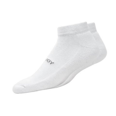A pair of plain white FootJoy Mens ComfortSof Sport Socks with ribbed cuffs and the brand name FootJoy in small black letters on the side. These moisture-wicking socks are displayed on a white background.