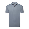 The FootJoy Men's Etched Texture Print Lisle Polo in Flint is a light gray, short-sleeved golf polo with a collar and three buttons, made from breathable lisle performance fabric and shown on a white background.