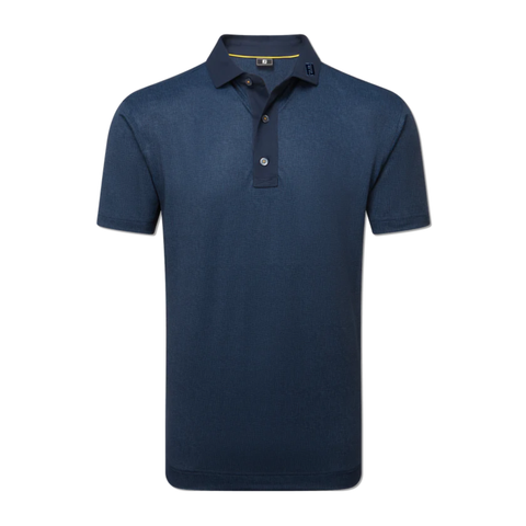 The FootJoy Men's Etched Texture Print Lisle Polo in navy is a short-sleeved collared shirt with three buttons and a small stitched logo on the left collar, displayed on a white background.