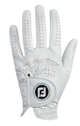 The FootJoy Men's FLX Glove for the right hand, in white, showcases soft Cabretta leather, ventilation holes, and a black-and-white FootJoy logo near the wrist. The glove is shown palm up.