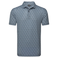 The FootJoy Men's Floral Sketch Print Lisle Polo in Navy/White is a short-sleeved, collared golf shirt with a three-button placket, tailored fit, and a small white floral sketch print on a dark blue background.