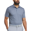 A bearded man stands with his hands by his sides, wearing a FootJoy Men's Floral Sketch Print Lisle Polo in navy/white, short sleeves and collar, tucked into light gray pants with a matching belt.