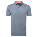 The FootJoy Men's Flower Bud Foulard Lisle Polo in Flint is a short-sleeve, light gray golf polo with a subtle red pattern, moisture-wicking fabric, three-button placket, and a collar lined with contrasting light pink.