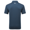 Back view of the FootJoy Men's Flower Bud Foulard Lisle Polo in navy, made from ProDry fabric with a white geometric pattern and a small white FootJoy logo centered below the collar.