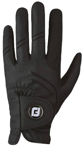 The FootJoy Men's GT Xtreme Glove in black features a textured palm for strong grip and all-weather control, a Velcro strap, and a white-and-black FootJoy logo, shown with the palm facing up.