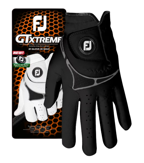 A packaged FootJoy Men's GT Xtreme Glove in black is displayed, with one black all-weather glove over the packaging featuring an image of a white glove and FootJoy branding.