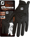 The FootJoy Men's GTxtreme Glove (Right Hand, Black) is shown with its packaging, which highlights the all-weather grip, fit, magnetic ball marker, and features an image of the white version.