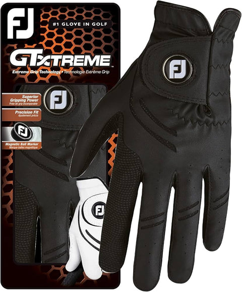 The FootJoy Men's GTxtreme Glove (Right Hand, Black) is shown with its packaging, which highlights the all-weather grip, fit, magnetic ball marker, and features an image of the white version.