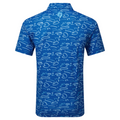 The FootJoy Men's Golf Course Doodle Polo is a blue, short-sleeve golf shirt with a collar and an all-over white abstract scribble and line pattern, shown from the back. This polo features moisture-wicking fabric.
