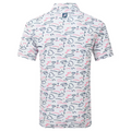 The FootJoy Men's Golf Course Doodle Polo is a white, short-sleeve performance stretch golf polo with blue and pink abstract doodles on the back and the FJ logo centered below the collar.