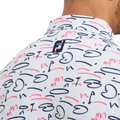 Close-up of a person’s upper back and neck wearing a white FootJoy Men’s Golf Course Doodle Polo featuring abstract black and pink doodle-like patterns and a black FootJoy logo below the collar.