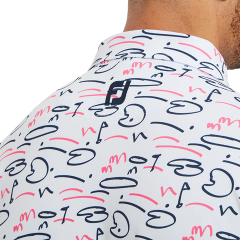 Close-up of a person’s upper back and neck wearing a white FootJoy Men’s Golf Course Doodle Polo featuring abstract black and pink doodle-like patterns and a black FootJoy logo below the collar.